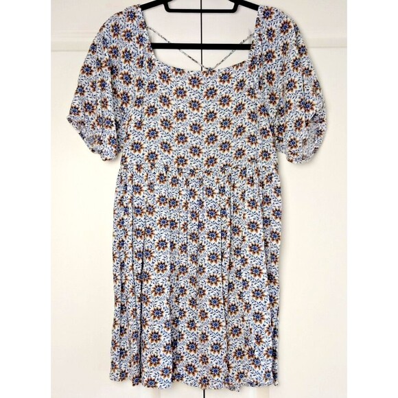 LOFT BEACH Sundress Womens Small Cream Blue Boho Coverup Dress Abstract Floral - Picture 6 of 13